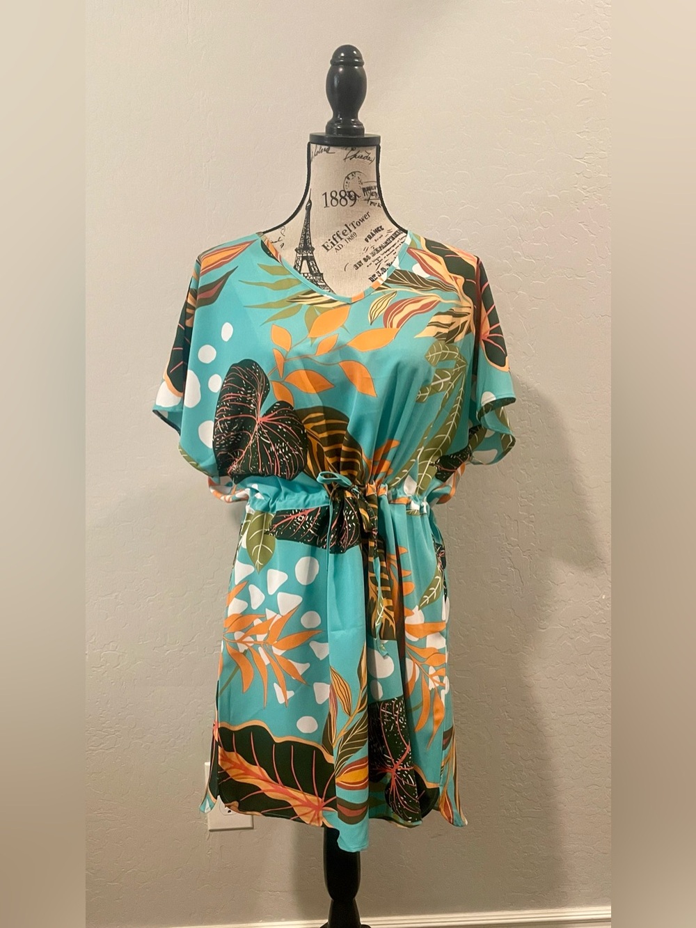 BlueTime Tropical Teal Flutter Sleeve Drawstring Cover-up Dress